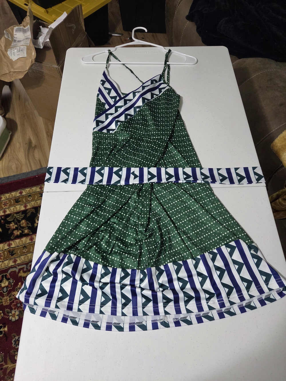 Green Polka Dot Mini Dress with Geometric Trim